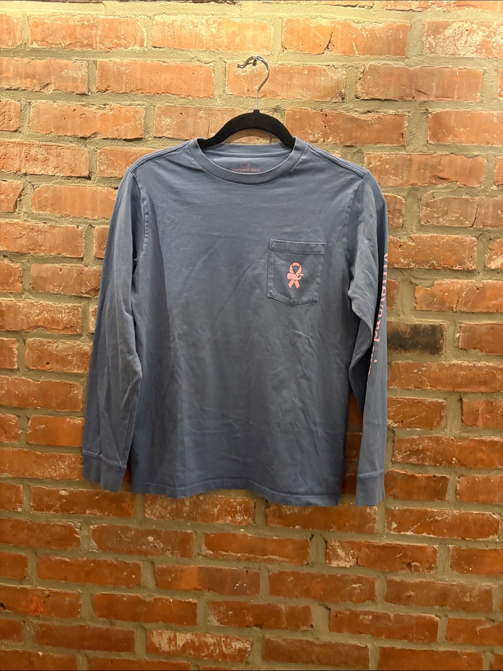 Vineyard Vines Slate Blue Long Sleeve Pocket Tee with Pink Logo Ribbon